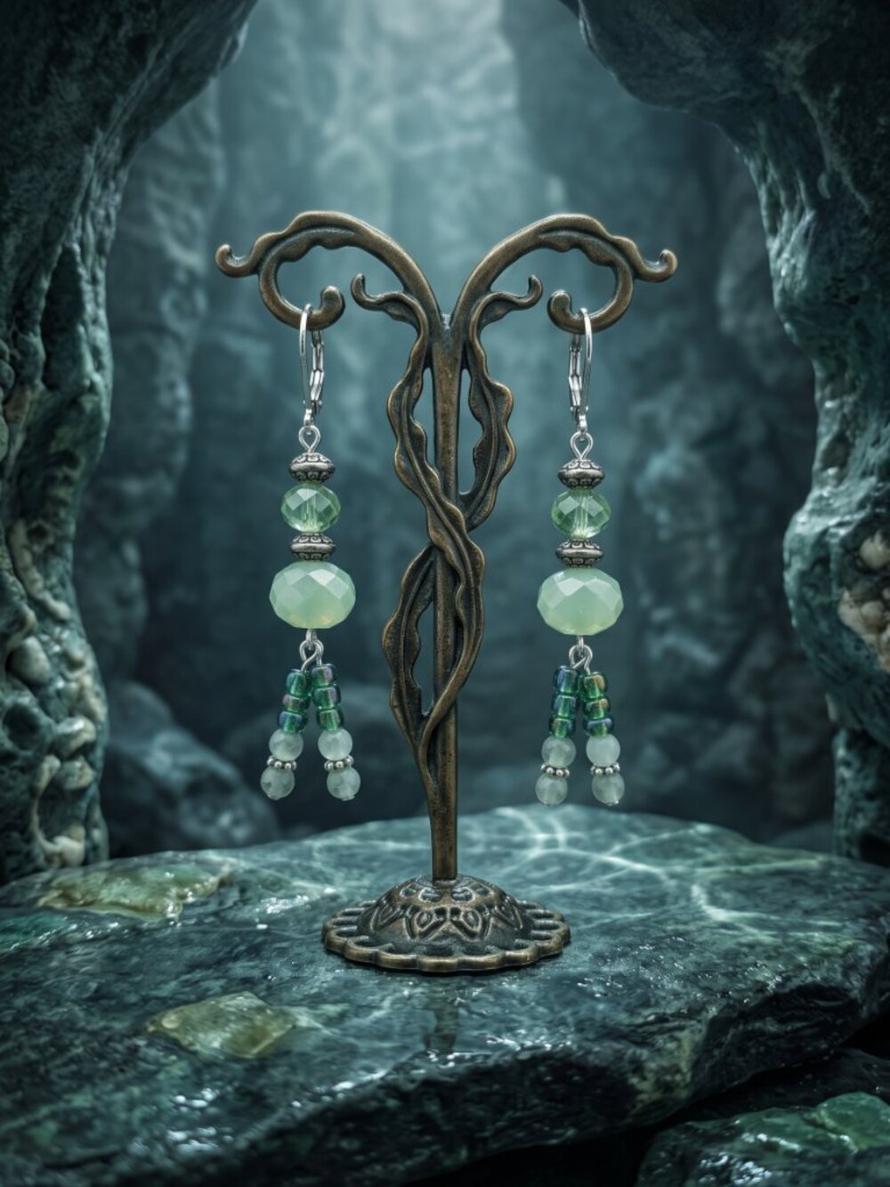 JB Originals - "Tideborn" - Vintage Green Jade & Glass Necklace Earrings Set - Picture 7 of 15